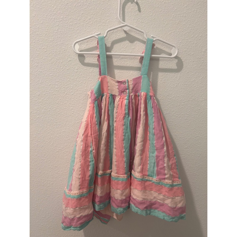 Flapdoodles Girls 4T Striped Sundress Pink Teal Silver Metallic Ruffle Straps - Picture 6 of 7
